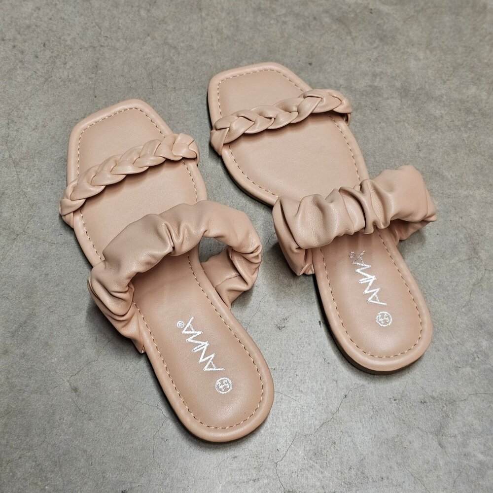 Nude Braided Strap Flat Sandals With Padded Scrunch Detail & Square Toe Design